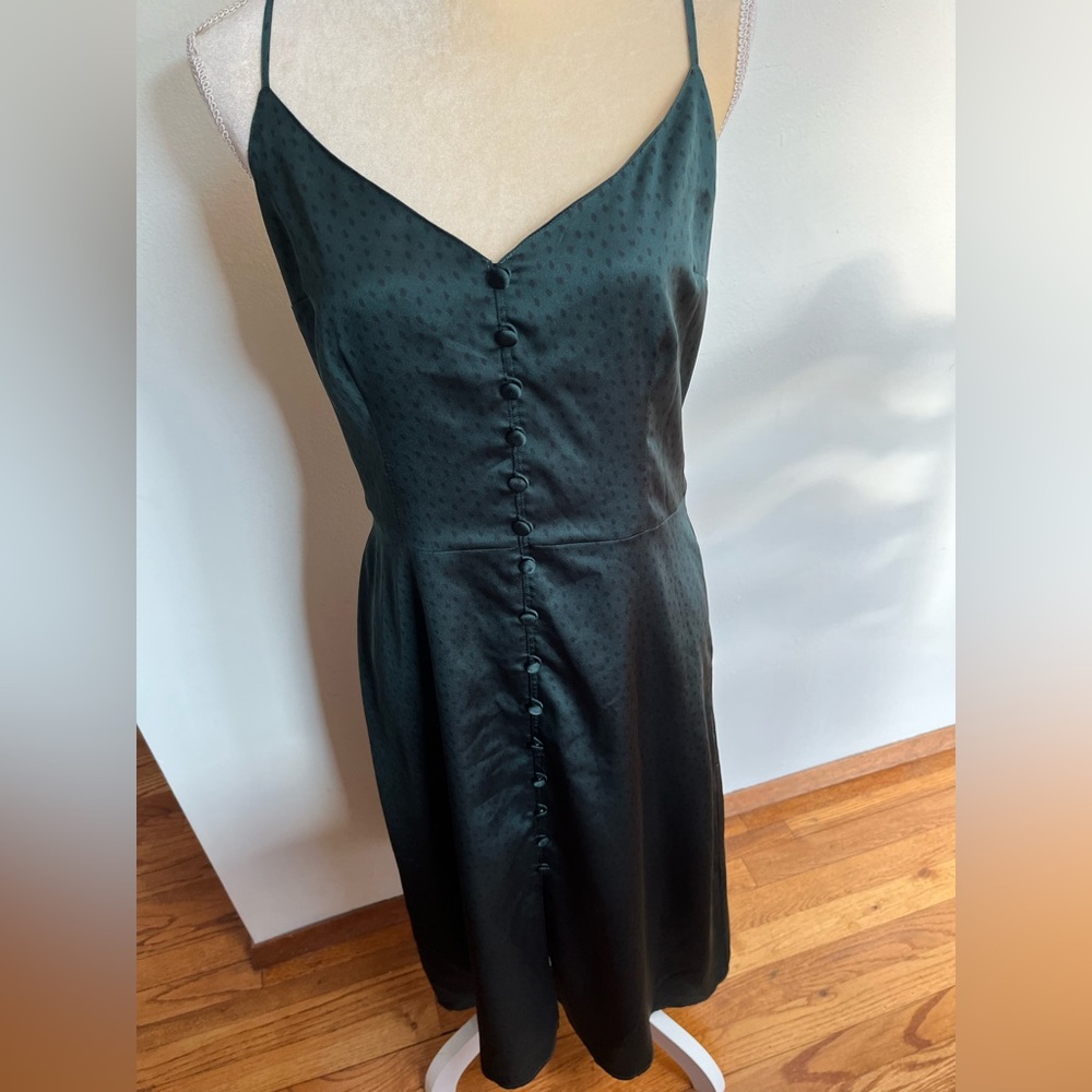 Abercrombie & Fitch long dark green satin dress with buttons down front.